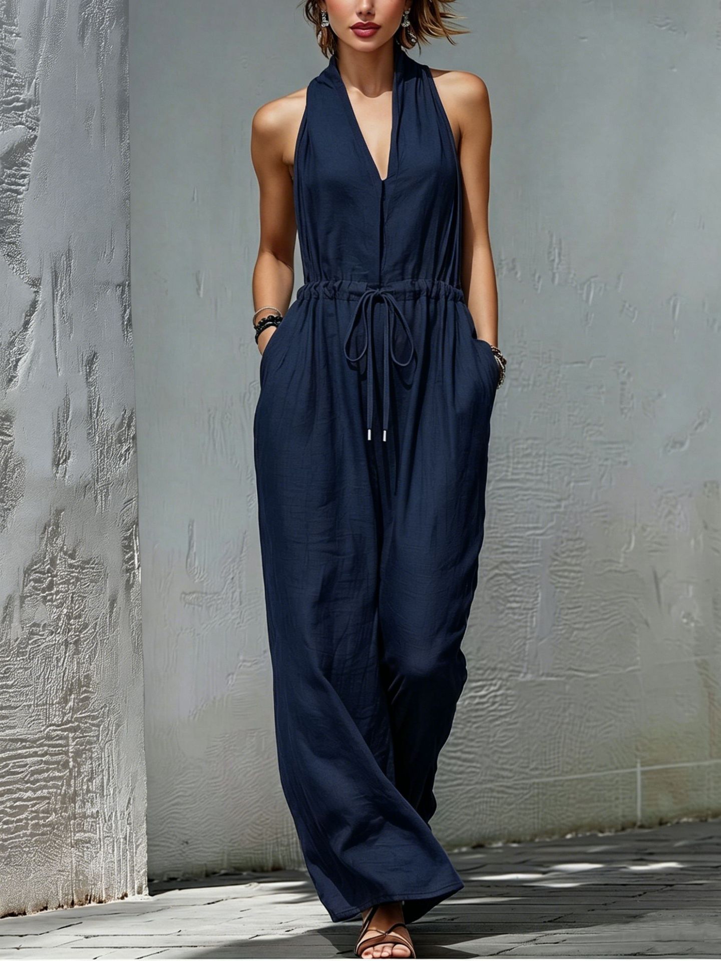 Womens Sleeveless Solid-Color Long Holiday Jumpsuit 