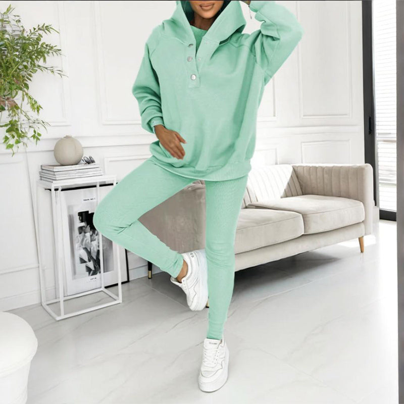 Women's Solid Color 3-Piece Set Sleeveless Vest & Hooded Button Placket Long Sleeve Sweatshirt & Slim Fit Pants Sporty Casual Outfit CJ US