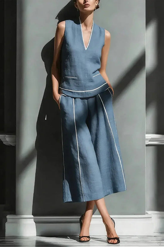 Casual Comfort Womens Sleeveless Linen Shirt Set 