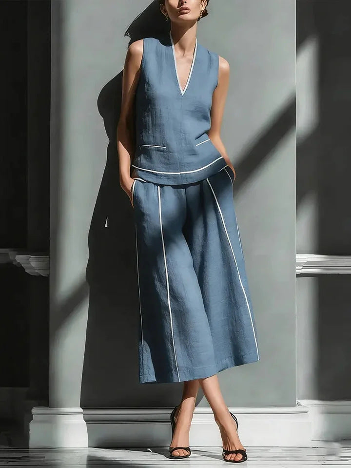 Casual Comfort Womens Sleeveless Linen Shirt Set 