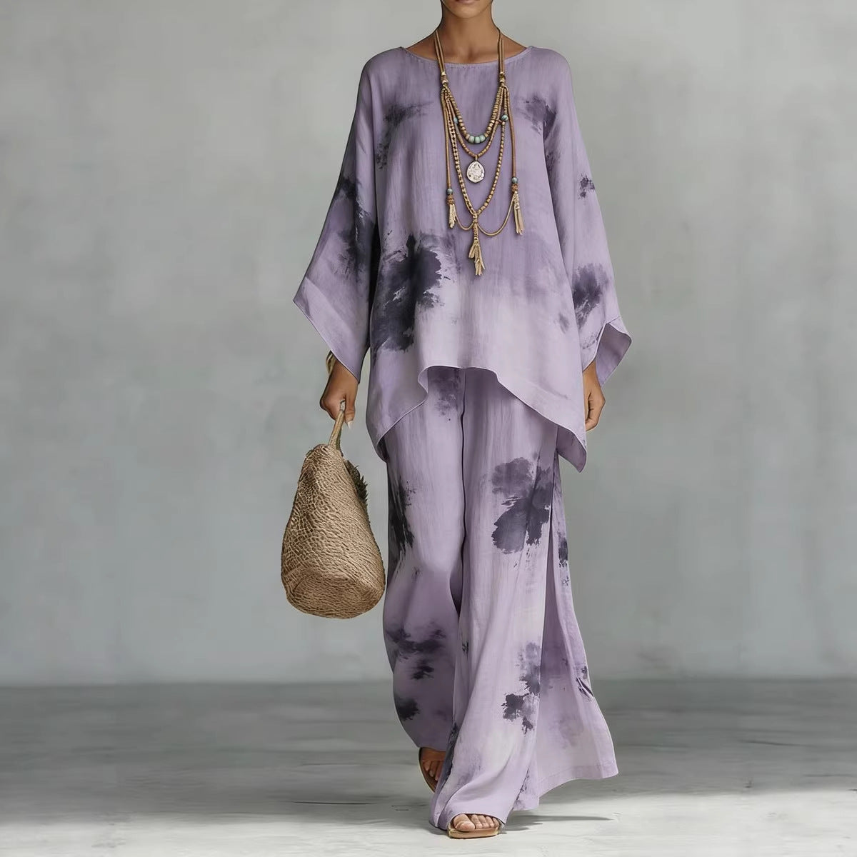 Women's Floral Print Linen Wide-Leg Two-Piece Set 