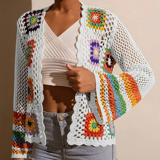 Women's Elegant Crochet Cardigan - Long Sleeve Open Front Vibrant Color Block Coat CJ US