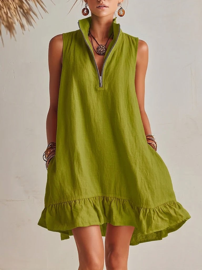 New Stylish Casual Loose Half-Zip Sleeveless Dress With Ruffle Hem 