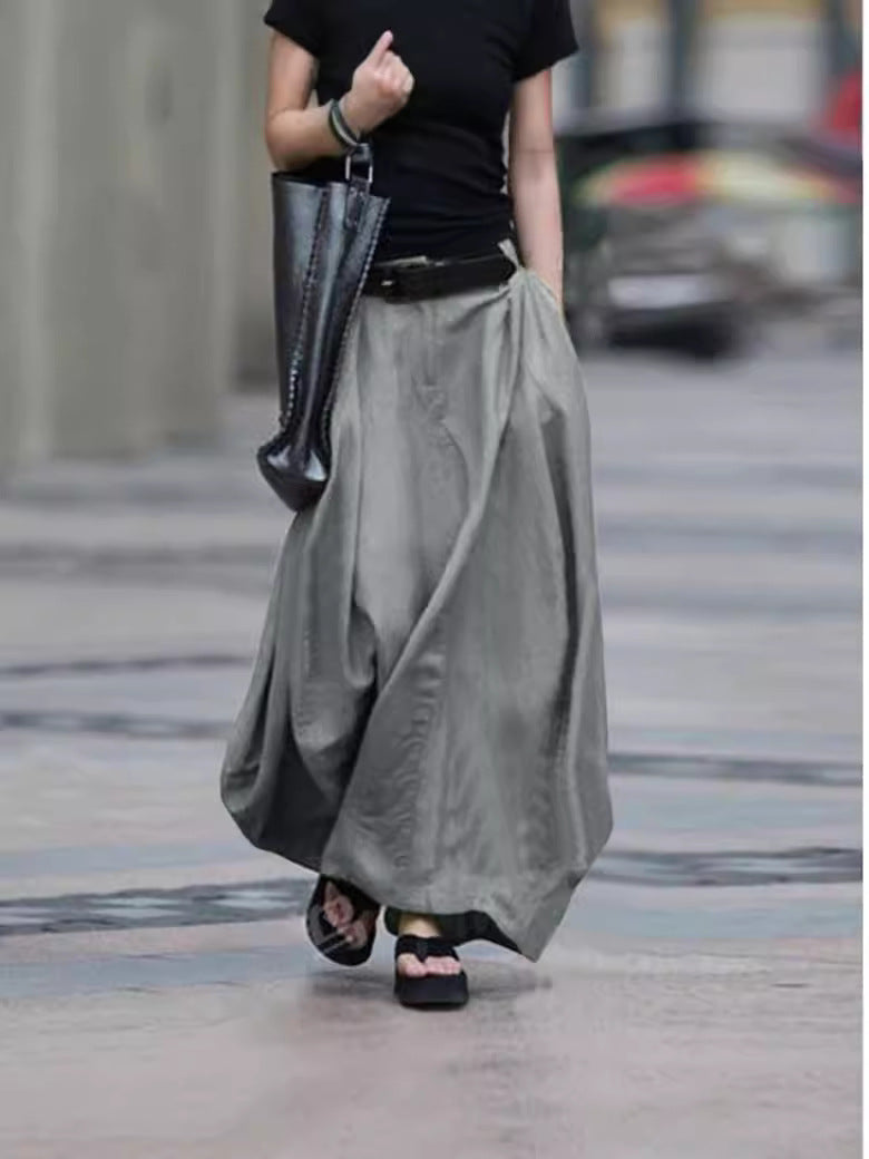 Womens Solid-color High-waisted Long Skirt 