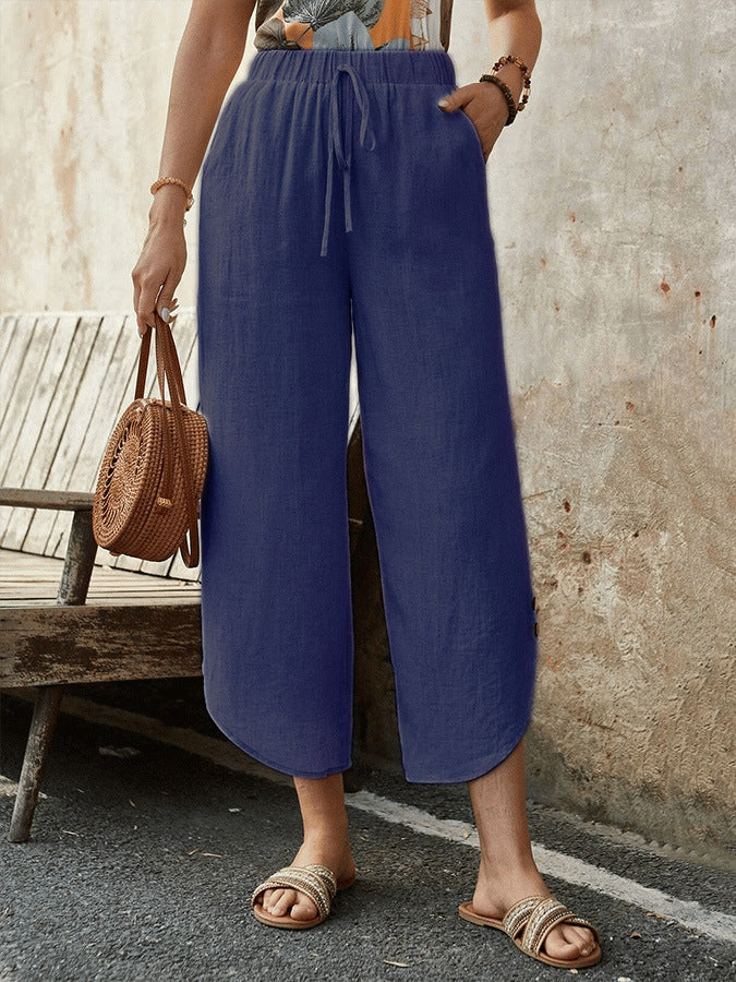 Cotton And Linen Drawstring Cropped Loose Pockets Casual Pants FitiqueFit