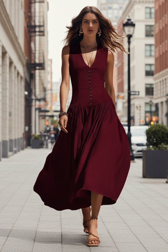 V-Neck Buttoned Chic Elegant Sleeveless Cotton-Linen Dress 