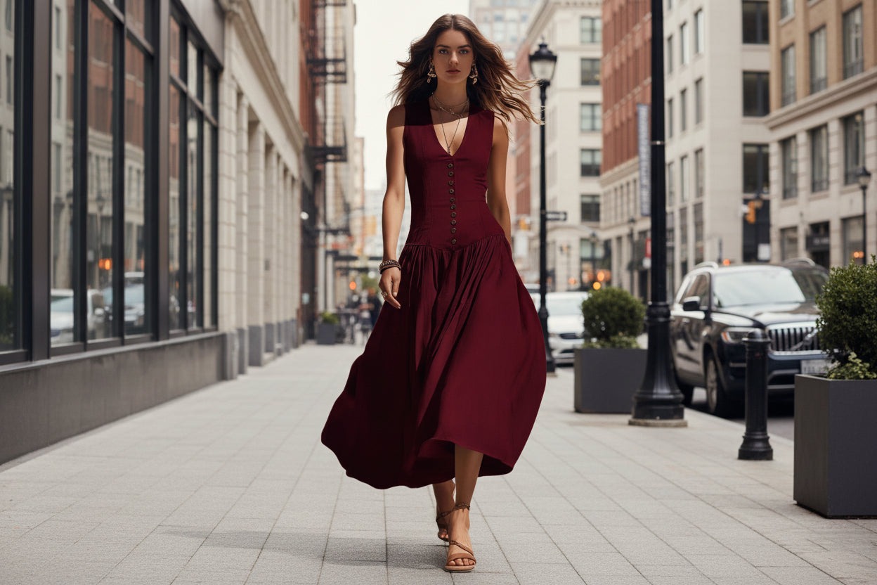 V-Neck Buttoned Chic Elegant Sleeveless Cotton-Linen Dress 