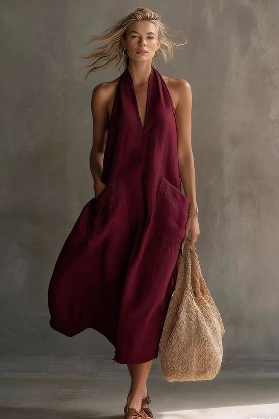 Casual Retro V-Neck Slip Linen Dress 