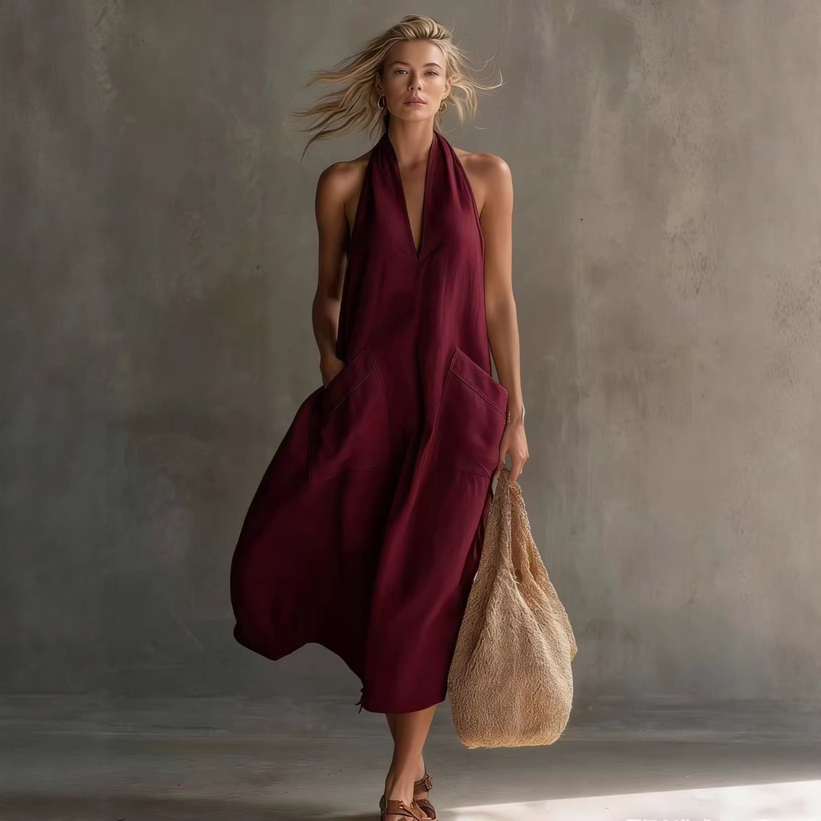 Casual Retro V-Neck Slip Linen Dress 