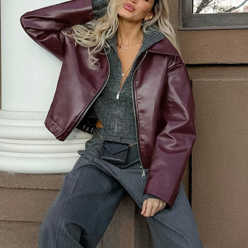 Vintage Style Women's Solid Color Faux Leather Jacket, Zip-Up Biker Jacket With Lapel Collar Casual Coat CJ US
