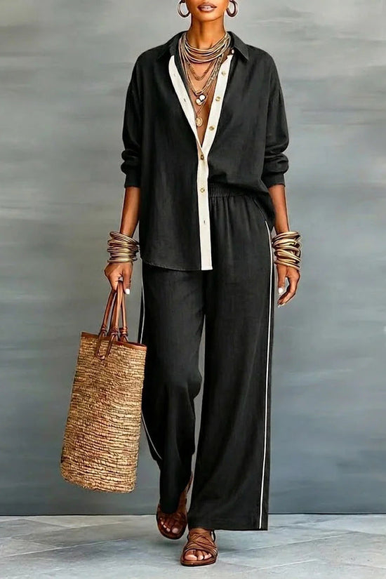 Contrast-color Casual Solid-color Loose Pants Two-piece Set 