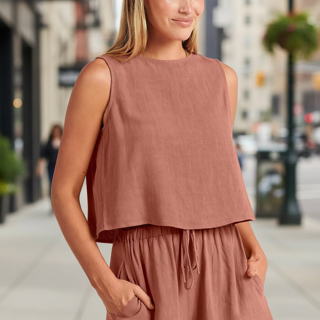 Women's Cotton-Linen Sleeveless Top & Wide-Leg Shorts Set – Retro Street Style 
