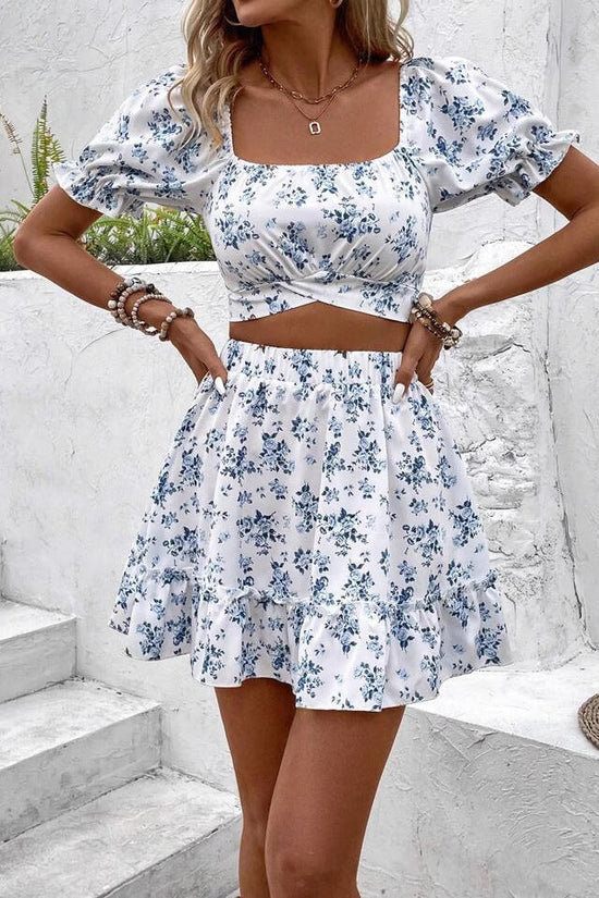 French-style Floral Print Dress Vacation-style Set Short Skirt 