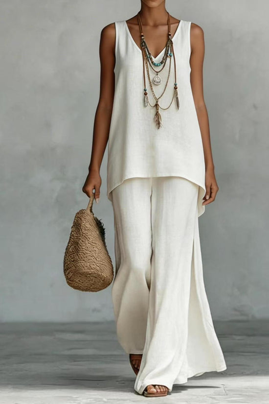 New Casual Bohemian-style Wide-leg Pants And V-neck Vest Set 