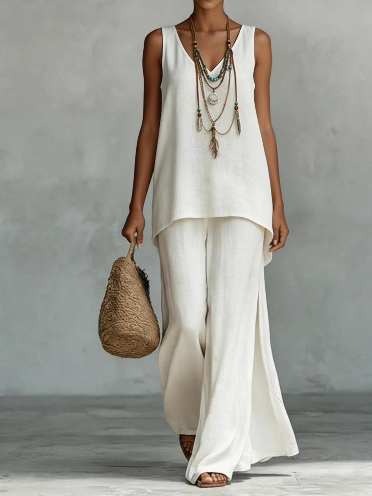 New Casual Bohemian-style Wide-leg Pants And V-neck Vest Set 