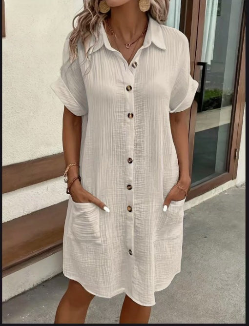 Casual Solid-Color Single-Breasted Mid-Length Short-Sleeve Dress 