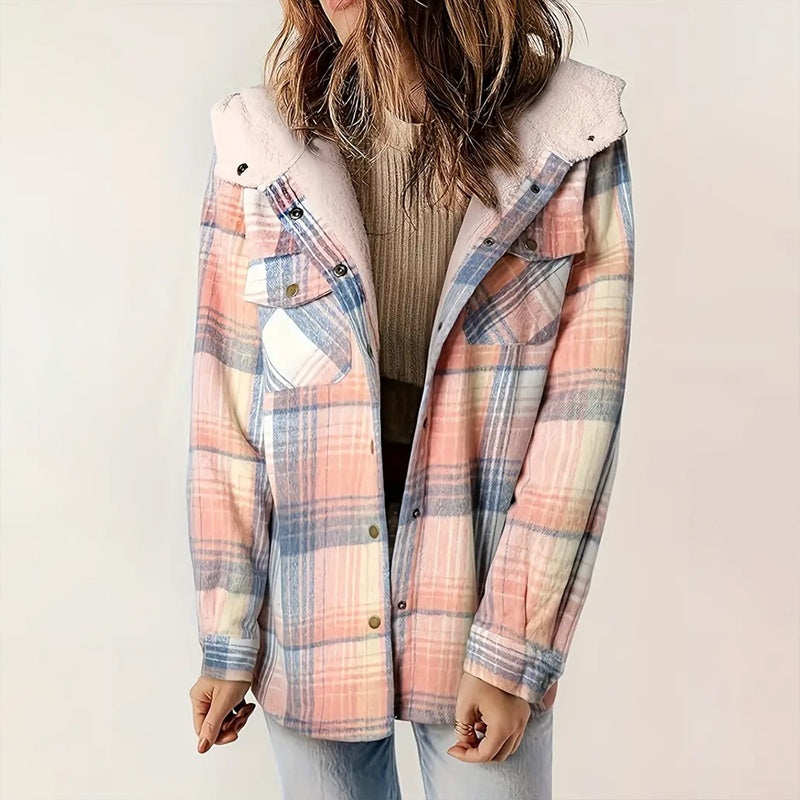 Women's Plaid Button-Up Long Sleeve Jacket Fall Winter  Flap Button Pocket Design Casual Hooded Fleece-Lined Warm Coat CJ US