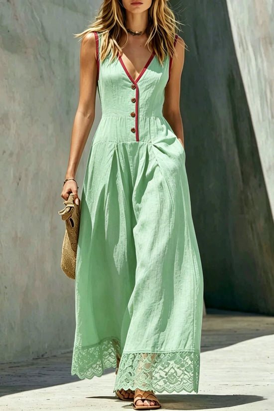 Womens Solid-Colored Jumpsuit With Spliced Lace And Pockets Long Pants 