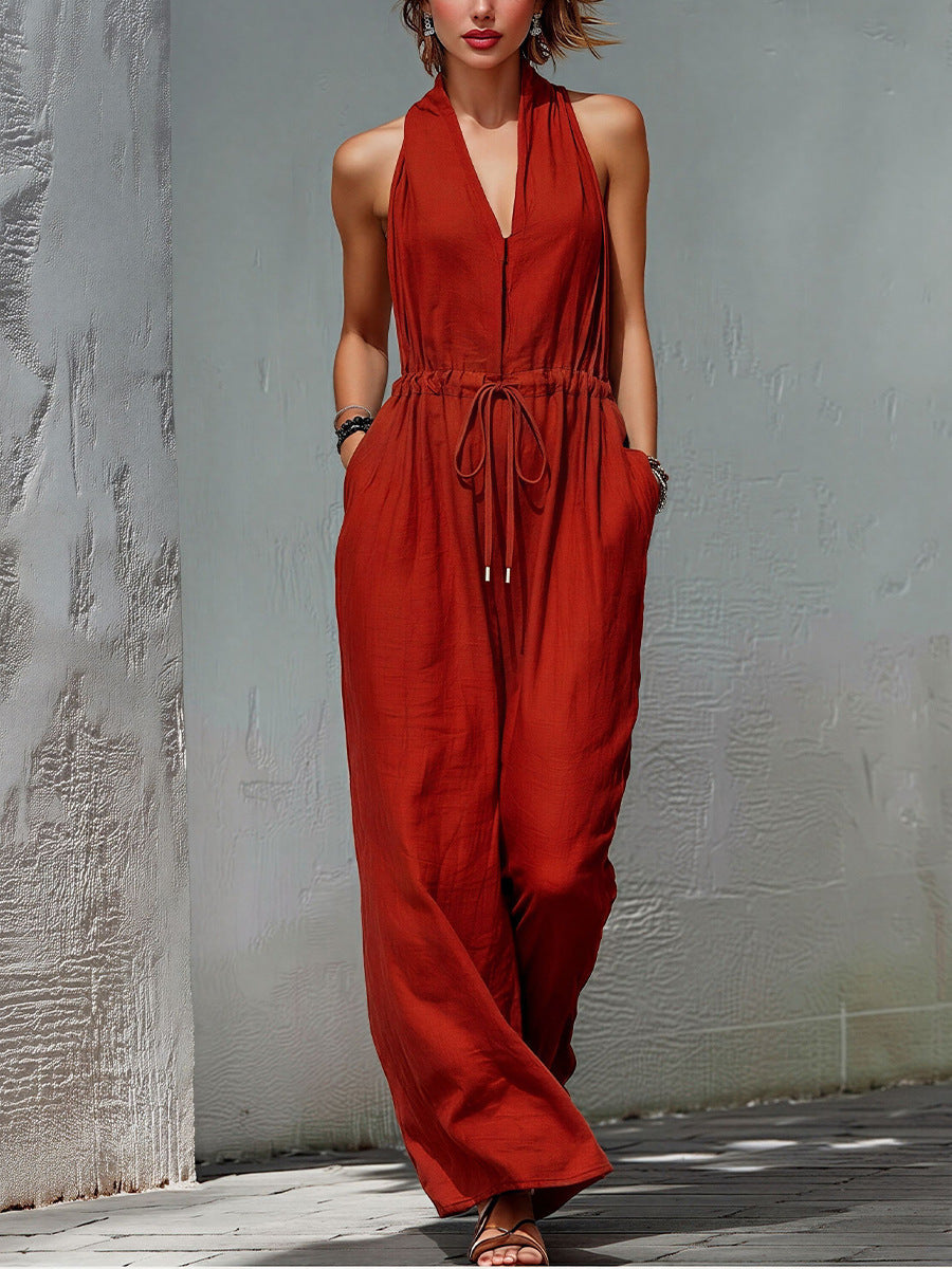 Womens Sleeveless Solid-Color Long Holiday Jumpsuit 