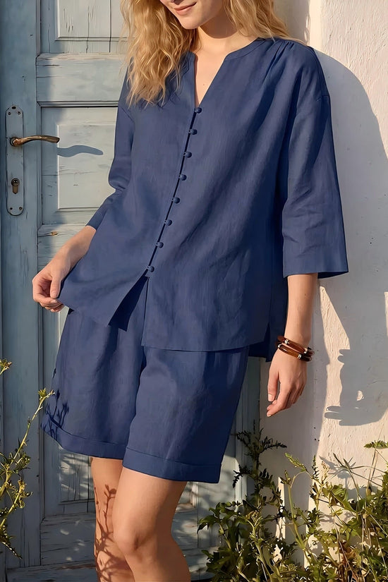 Womens V-neck Top And High-Waist Wide-Leg Shorts Set 