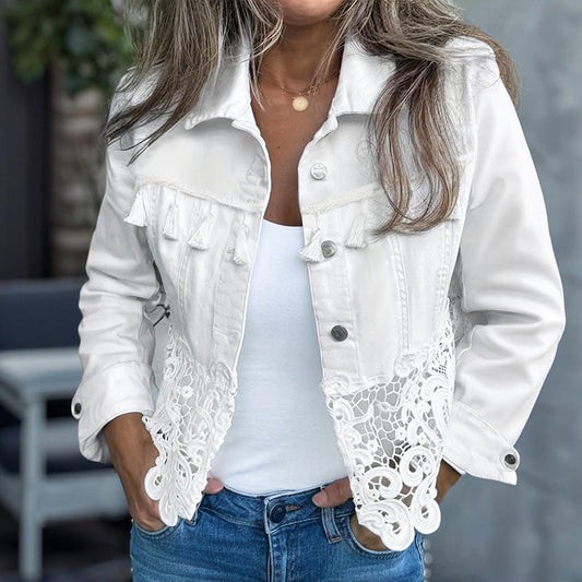 Women's Lace Hollow Out Jacket - Chic Long Sleeve Button Down Shirt With Tassel Details 