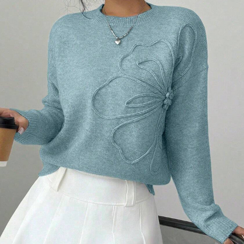 Women's Elegant Floral Sweater - 2025 Fall Winter Crew Neck Long Sleeve Casual Pullover