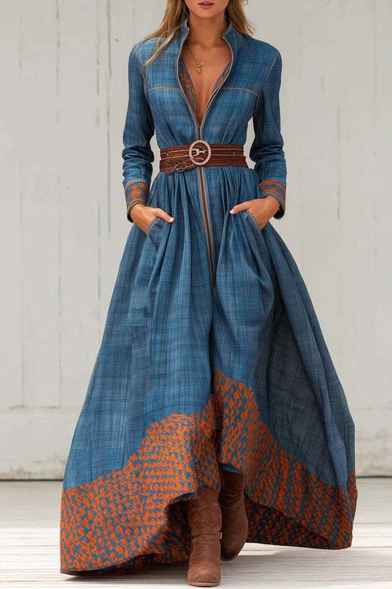 Color-blocked Floral Patterned Stand-up Collar Fitted Waist Casual Long Dress 
