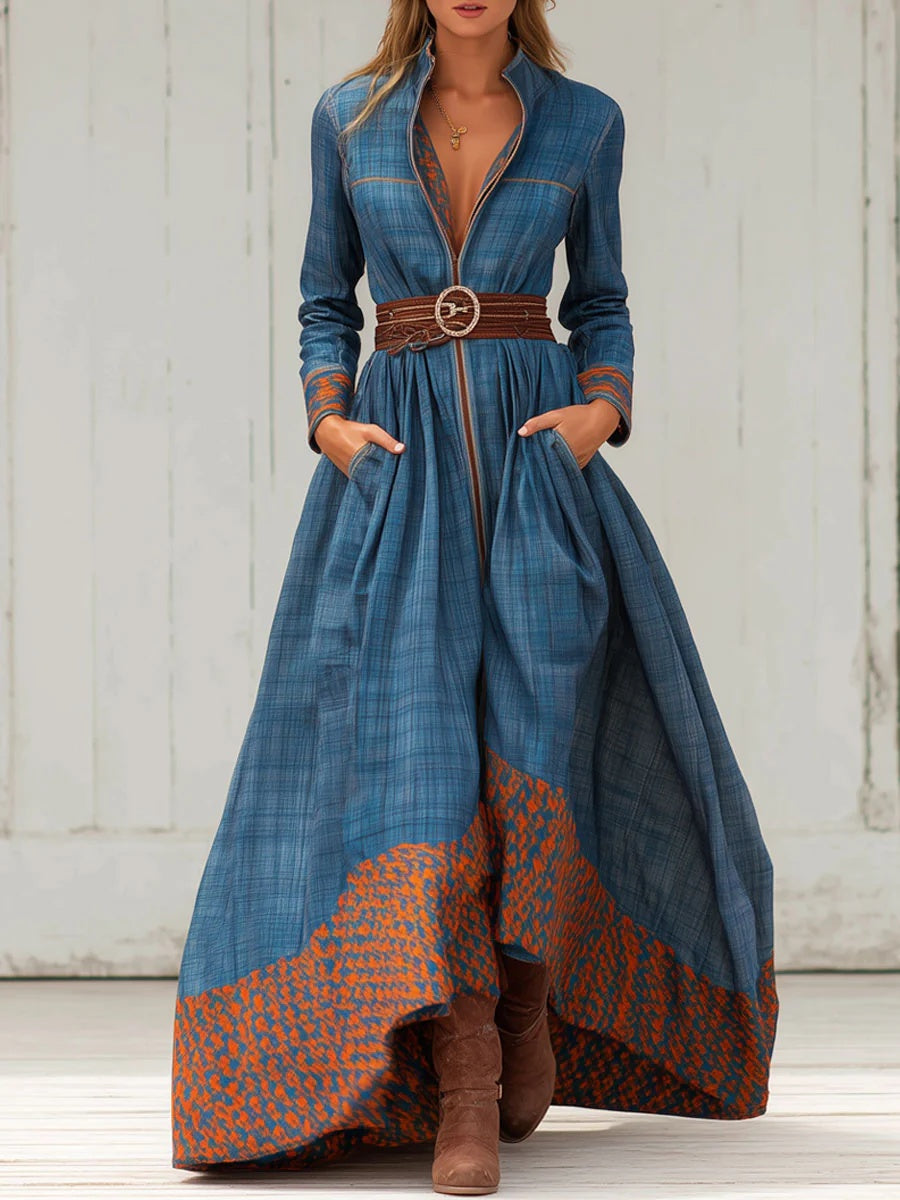 Color-blocked Floral Patterned Stand-up Collar Fitted Waist Casual Long Dress 