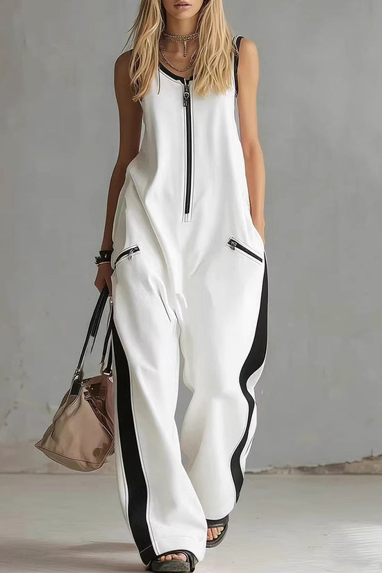 Zip-up Crewneck Sleeveless Casual Cotton Wide-leg Jumpsuit 