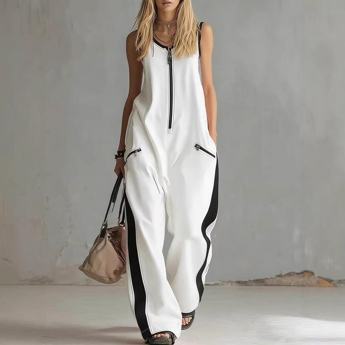 Zip-up Crewneck Sleeveless Casual Cotton Wide-leg Jumpsuit 