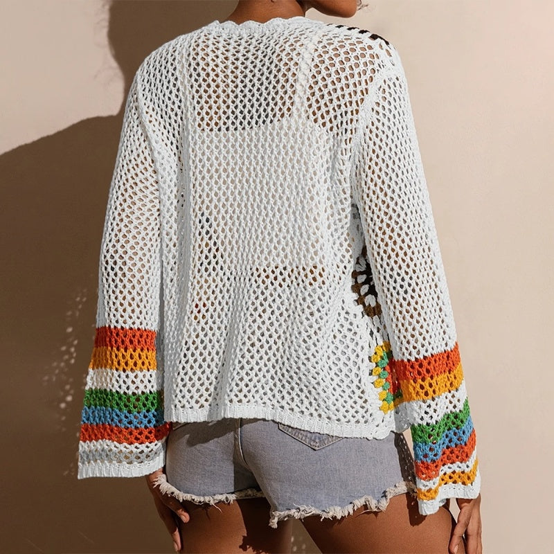 Women's Elegant Crochet Cardigan - Long Sleeve Open Front Vibrant Color Block Coat CJ
