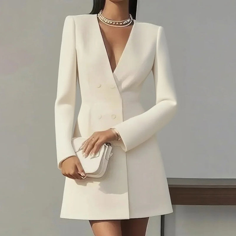 Women's Solid Color Deep V-Neck Dress Button Front A-Line Midi Dress For Formal Occasions CJ US