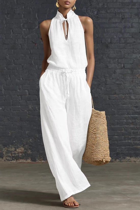 Urban-style Cotton And Linen Top And Wide-leg Pants Set 