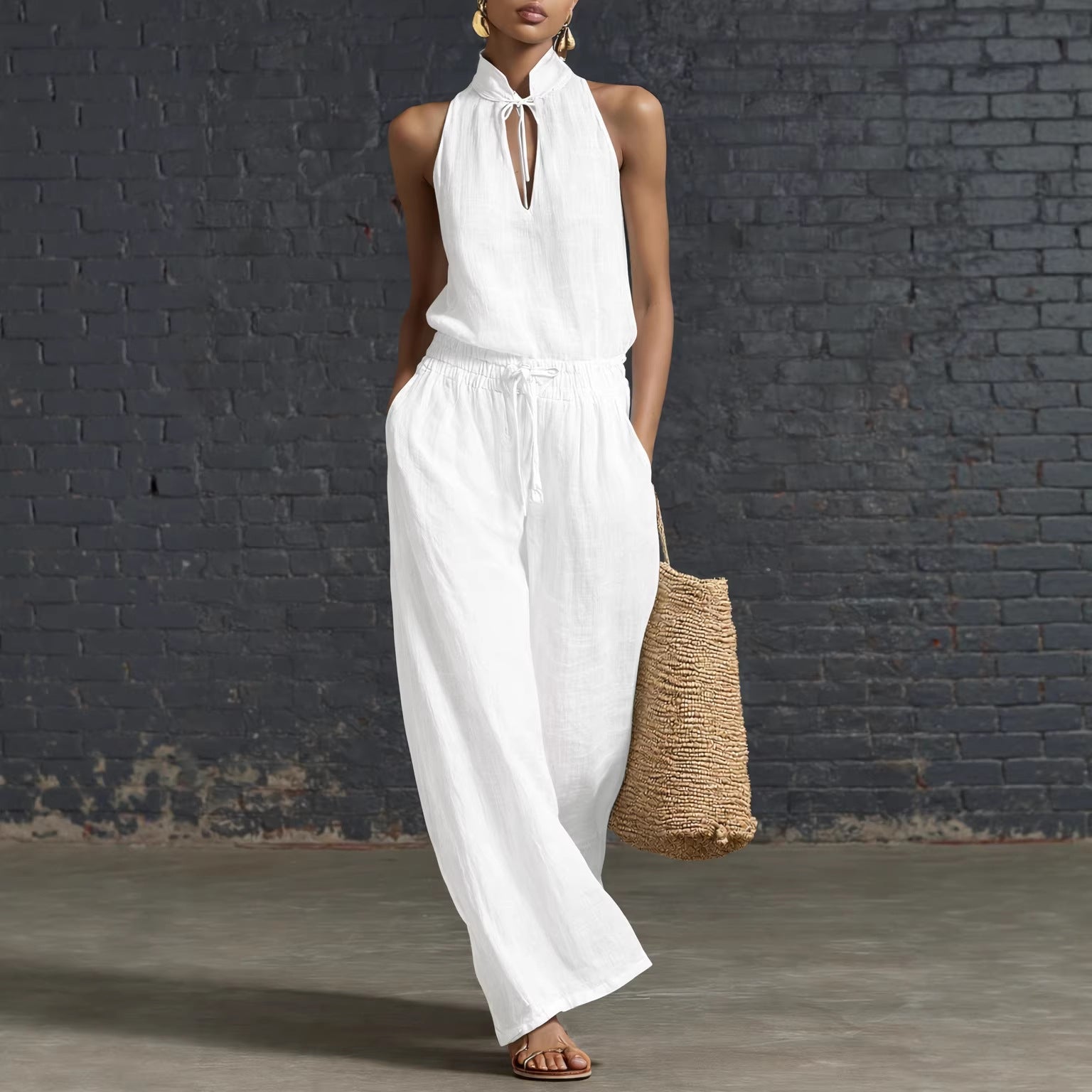 Urban-style Cotton And Linen Top And Wide-leg Pants Set 