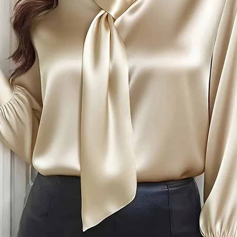 Women's Ribbon Detail Blouse, Lightweight Business Casual Shirt, Elegant Long Sleeve Office Work Top CJ US