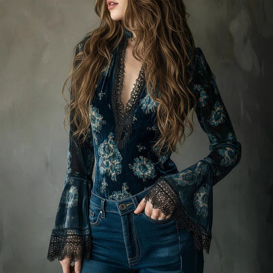 Women's Retro Lace Panel Blouse Elegant V-Neck Print Bell Long Sleeve Top For Spring Autumn Daily Wear 