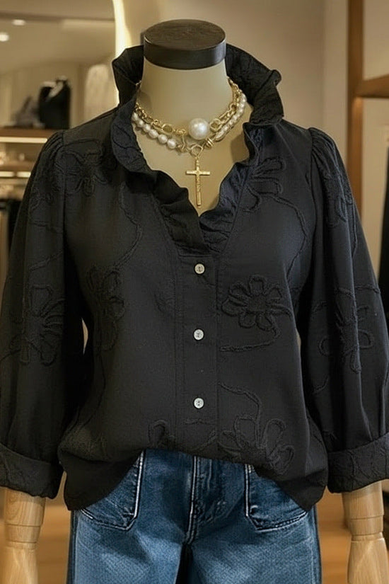 Lace-embroidered Cotton-linen Sweet Blouse 