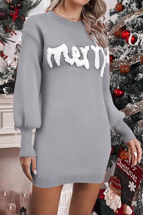 Women's Knitted Round Neck Lantern Sleeve Pullover Sheath Dress CJ