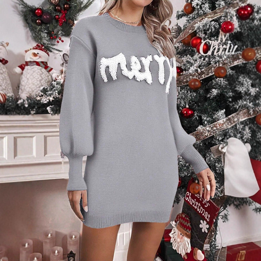 Women's Knitted Round Neck Lantern Sleeve Pullover Sheath Dress CJ