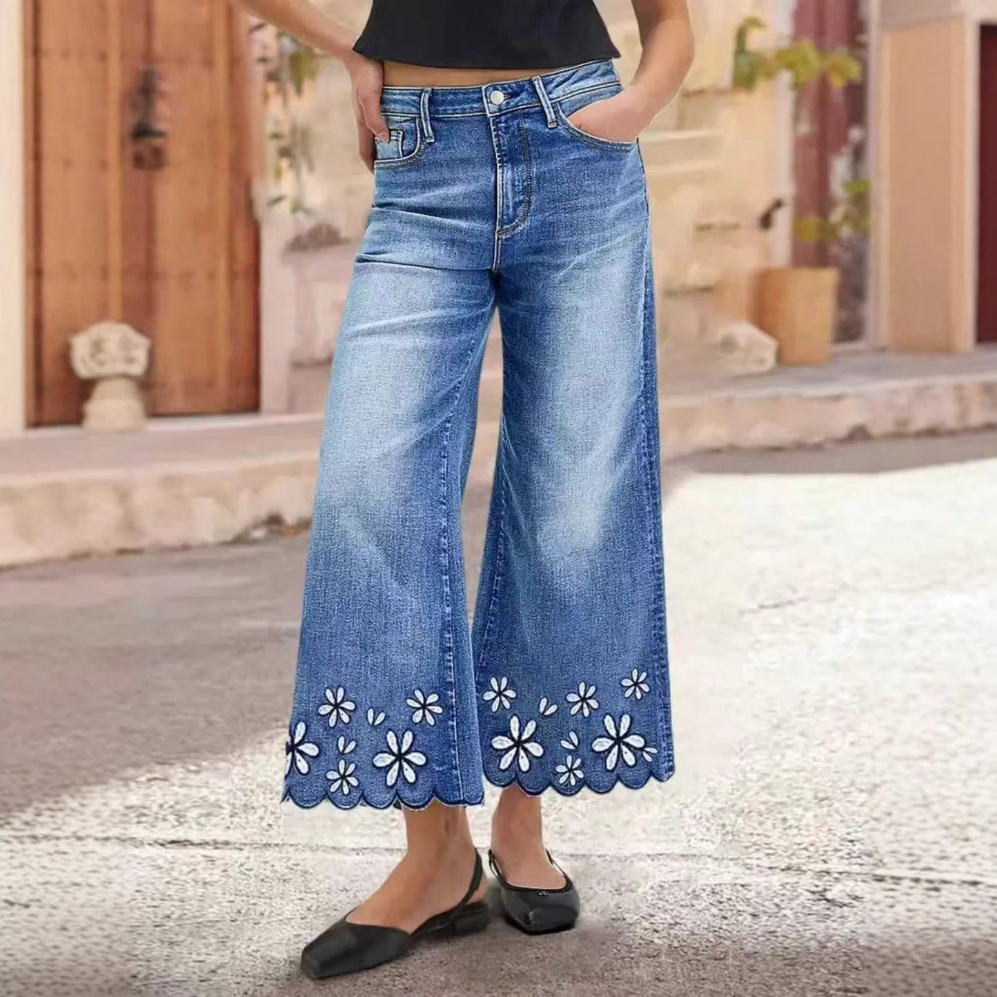 Chrysanthemum Embroidered Casual Stretch Womens Cropped Denim Jeans 
