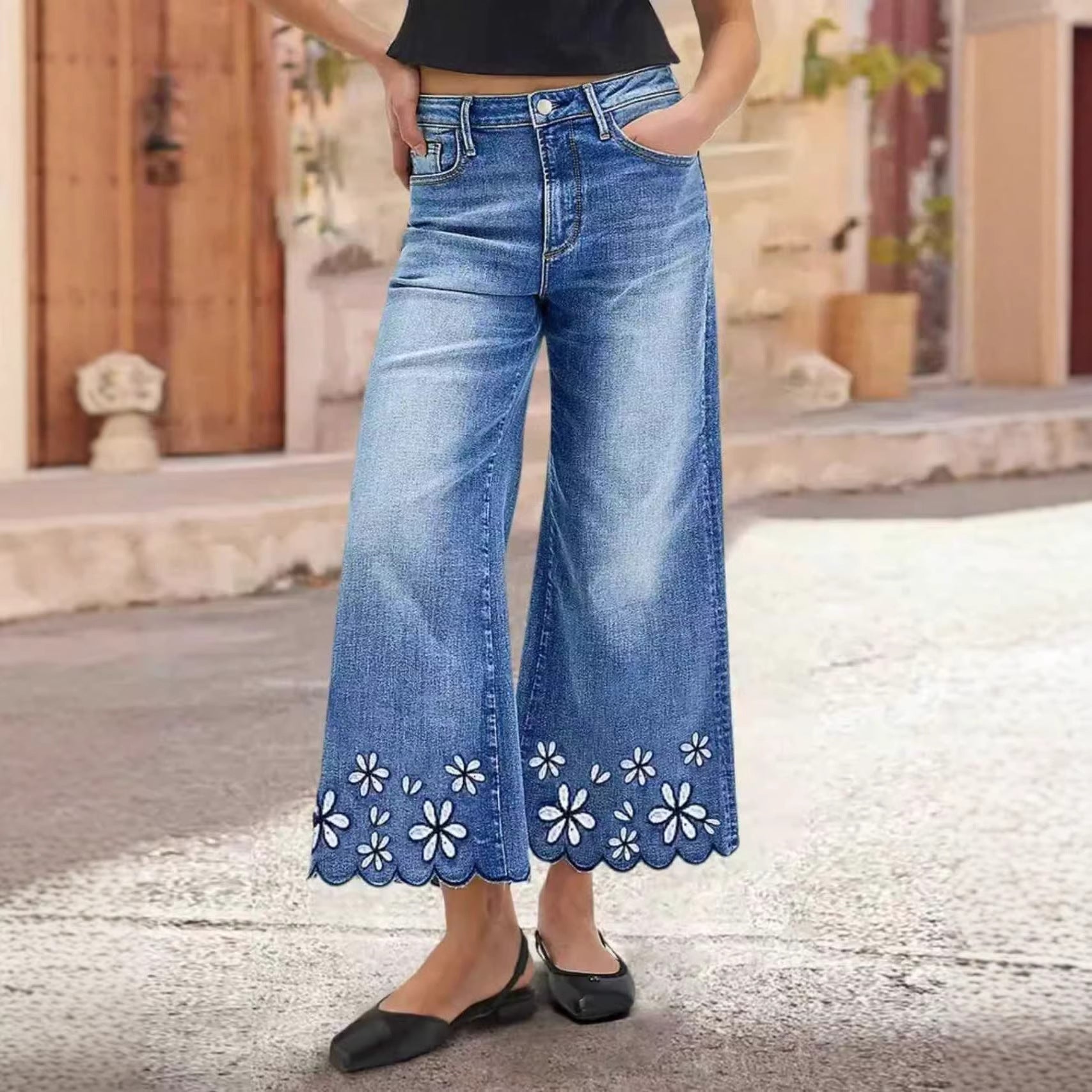 Chrysanthemum Embroidered Casual Stretch Womens Cropped Denim Jeans 