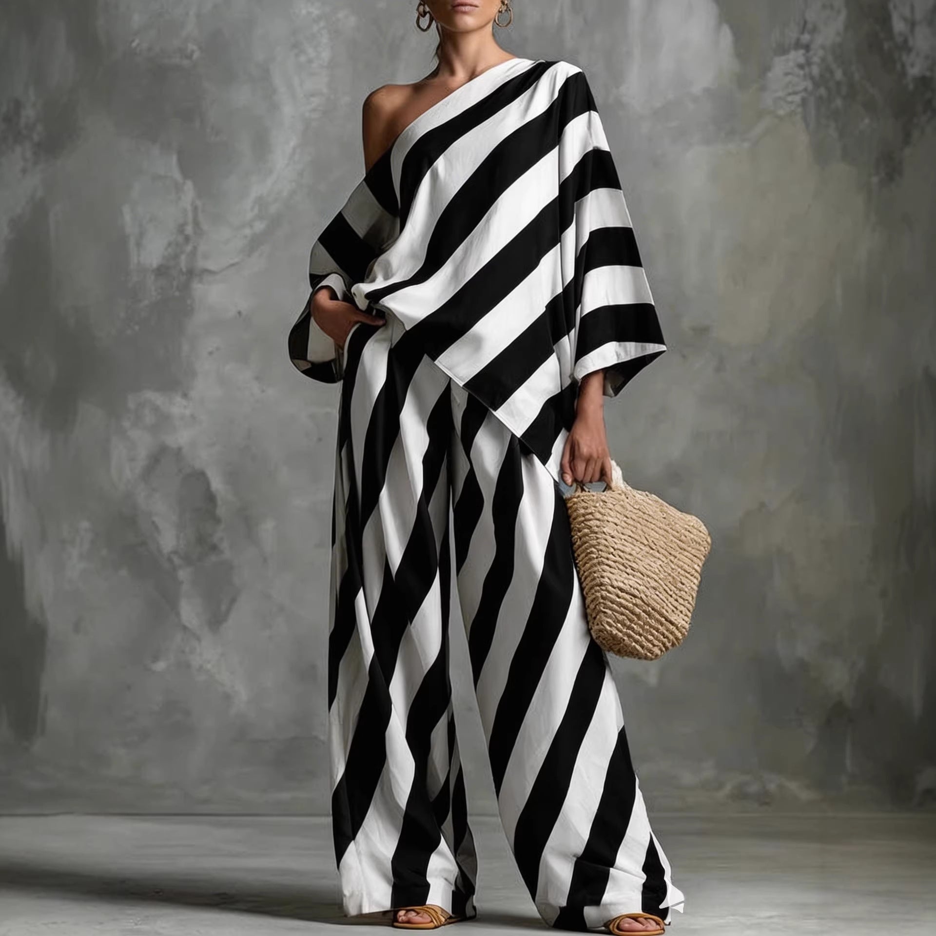 Retro Striped Printed Chiffon Top And Wide-leg Pants Set 