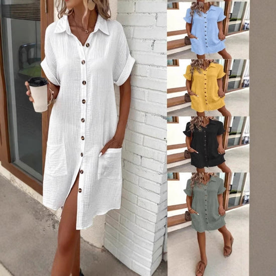 Casual Solid-Color Single-Breasted Mid-Length Short-Sleeve Dress 