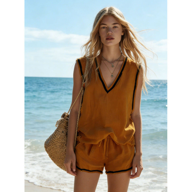 Women's V-neck Vest And Shorts Two-Piece Set 