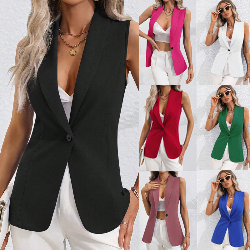 Cardigan Single Button Jacket Sleeveless Round Neck 