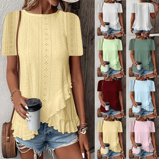 Womens Fashion Casual Solid-color Short-sleeve Crew Neck 
