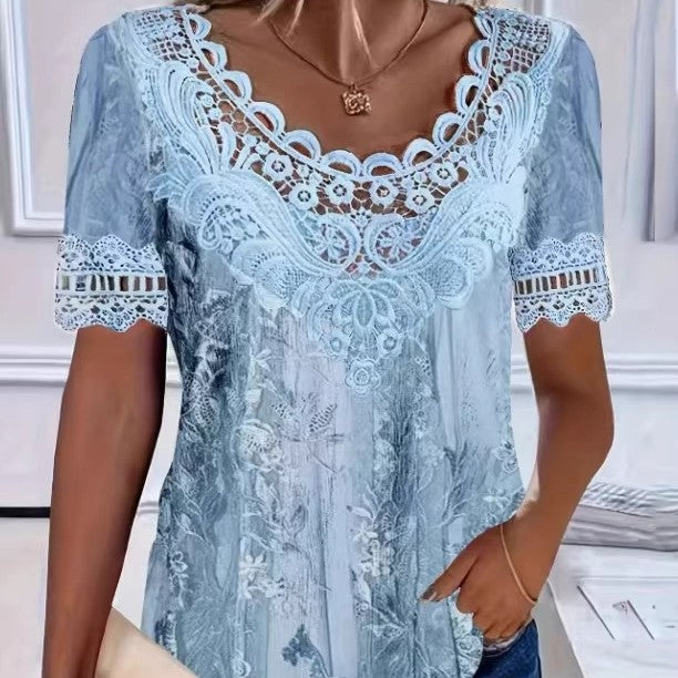 Women's Lace-Patchwork Crew-Neck Short-Sleeve T-Shirt 