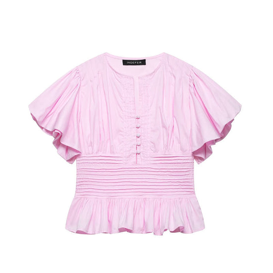 Ruffle-trimmed Puff-sleeve Blouse Top 