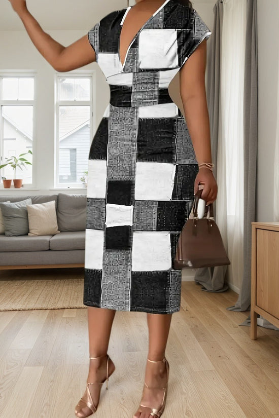 Women's Casual Patchwork Plaid V-neck Short Sleeved Jumpsuit, Black And White Gray Plaid Design, Spring And Summer Collection, Fashionable Straight Cut, Waist Cinching Design CJ US