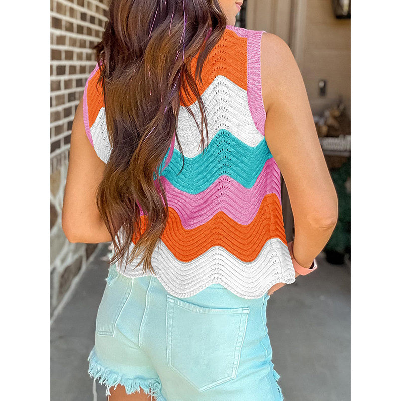 Womens Summer Rainbow Striped Sweater Vest Sleeveless Knit Crew Neck Color Block Going Out Cropped Tank Top CJ US